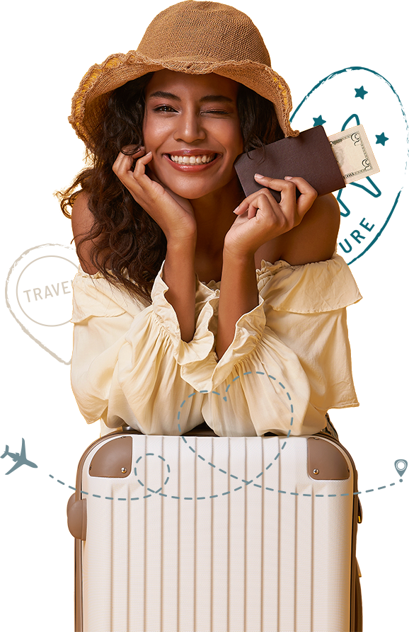 Mulher sobre uma mala com passaporte e passagens nas mãos